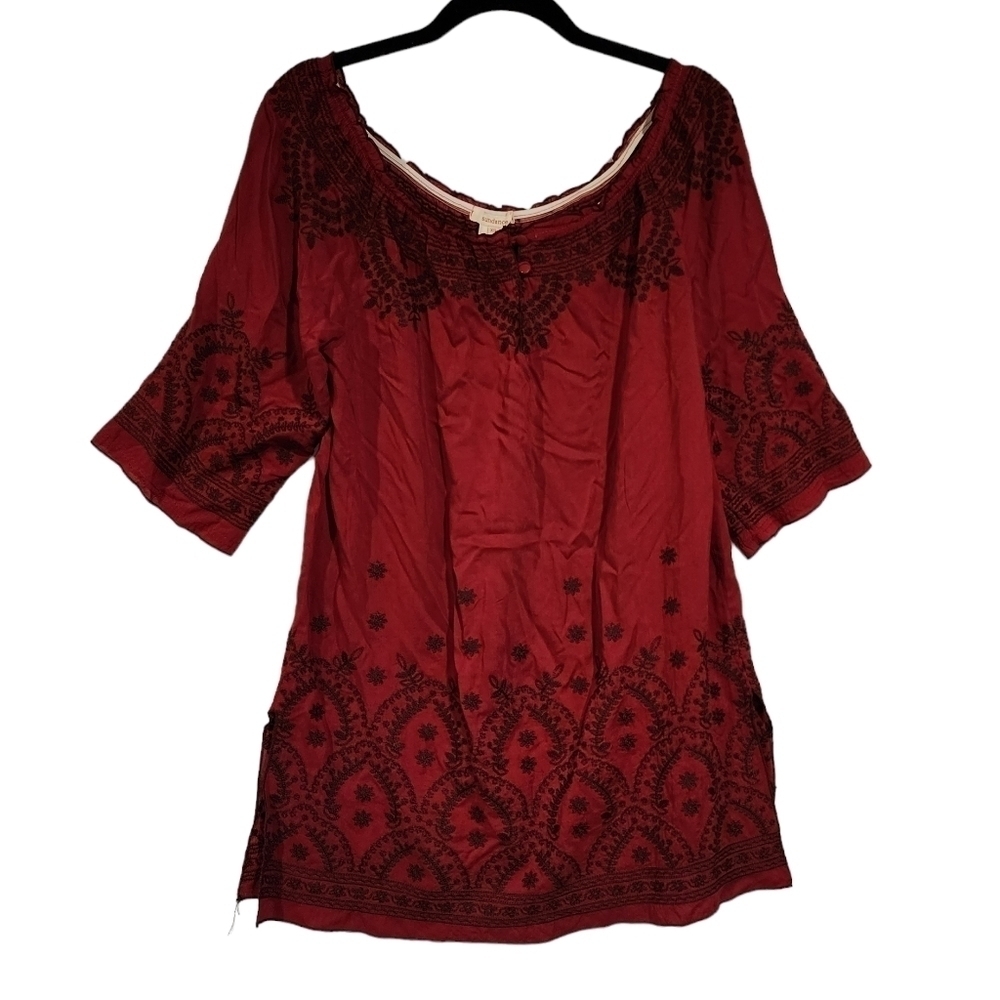 Sundance Embroidered Tunic Top Split Side Deep Red Half Sleeve Lightweight Boho‎